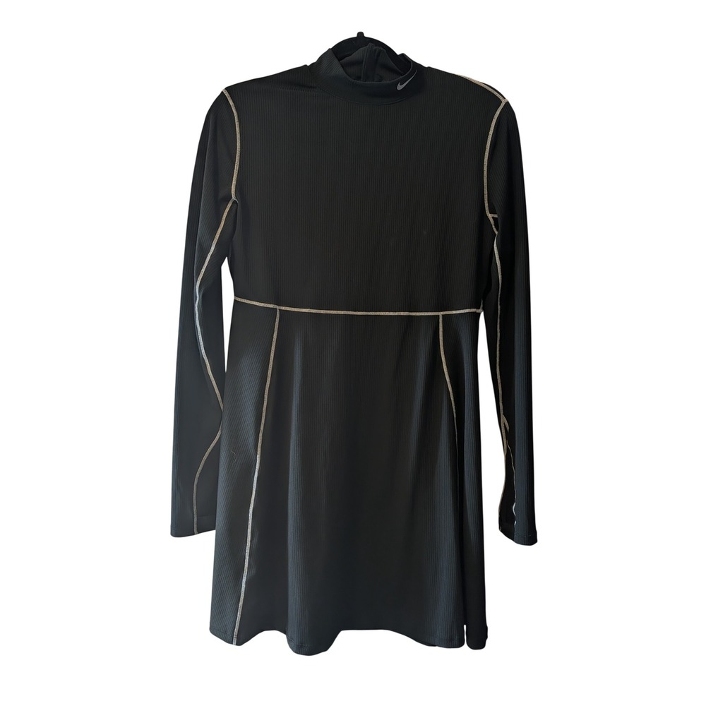 Nike Womens Ribbed Mock Neck Long Sleeve Mini Dress L Black CT2060-010